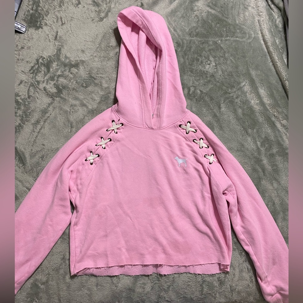 Cropped light pink hoodie, from brand pink, medium.